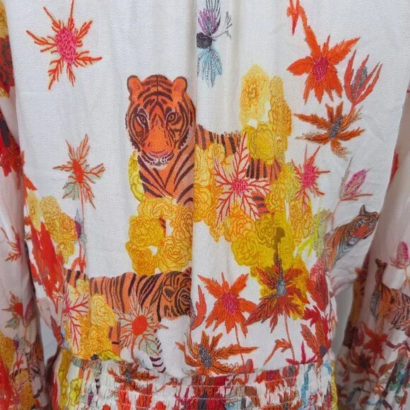 Michelle Morin For Anthropologie Blouse Sz M Floral Tiger Print Wrap Tie Waist - Picture 9 of 14